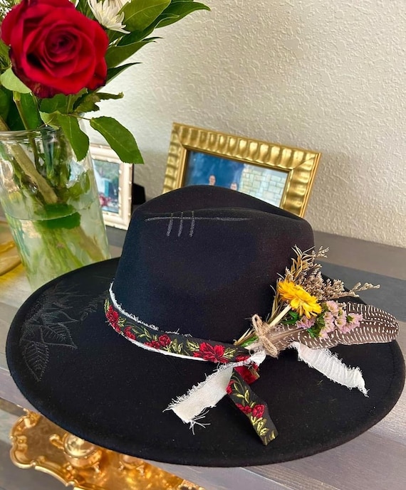 Fadora adjustable hat one of a kind with hand decorated flowers Hand-painted Floral Fedora Hat, Suede Mexican Hat for Women  main image 3