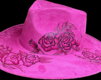 Pink Mexican Suede Stiff Flat Brim Fedora Hat, ready for hand burned customization