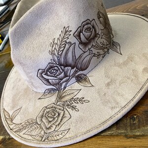 Heart Shaped Crown Wide Brim Fedora Hat With Freehand Rose 