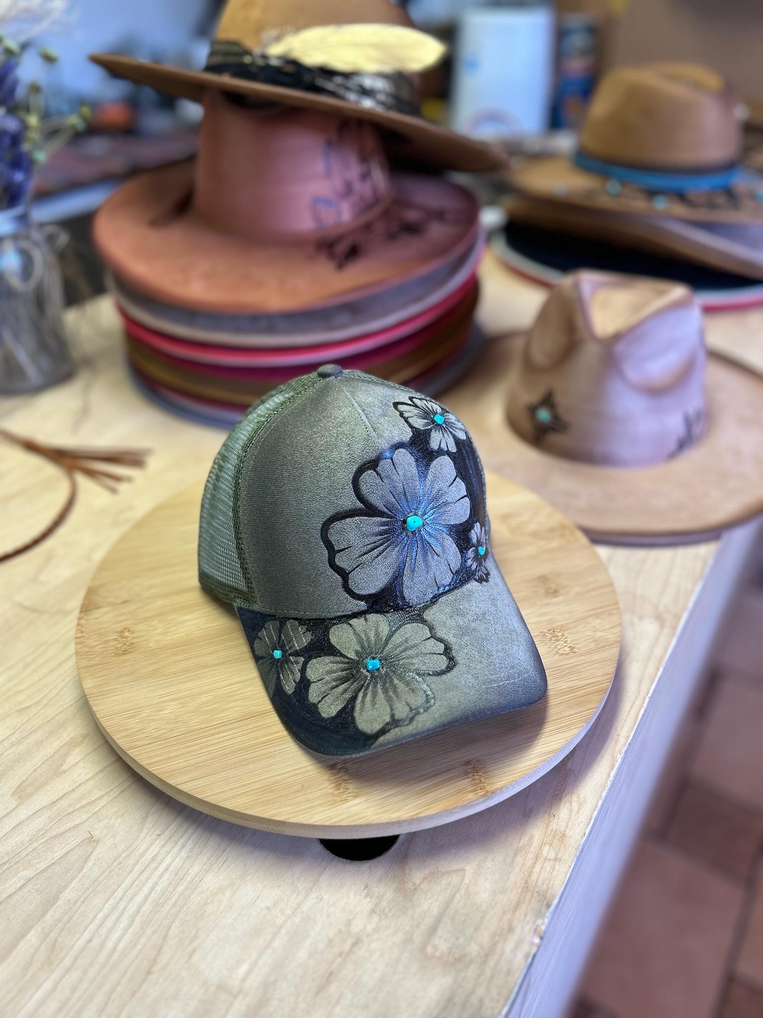 Chic Tan Hat with turquoise color Floral Accents Sunset Flower Hat – Turquoise & Tines main image 2