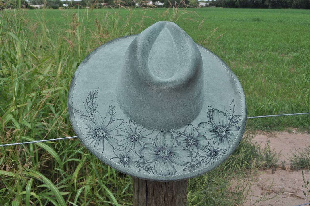 Hand-burned Distressed Wide-brim Fedora Hat With Floral  display picture 3