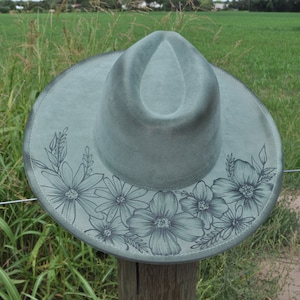 Hand-Burned Distressed Wide-Brim Fedora Hat with Floral Design | Boho Chic Sun Hat | Artisan Floral Fedora | Women’s Festival Hat