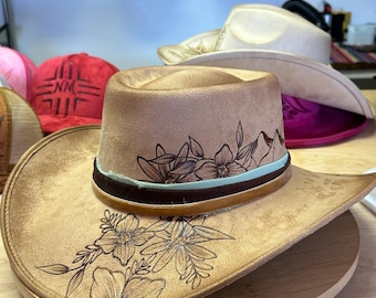 Chapéu de cowboy de jogador artesanal queimado à mão – Chapéu do sudoeste ocidental