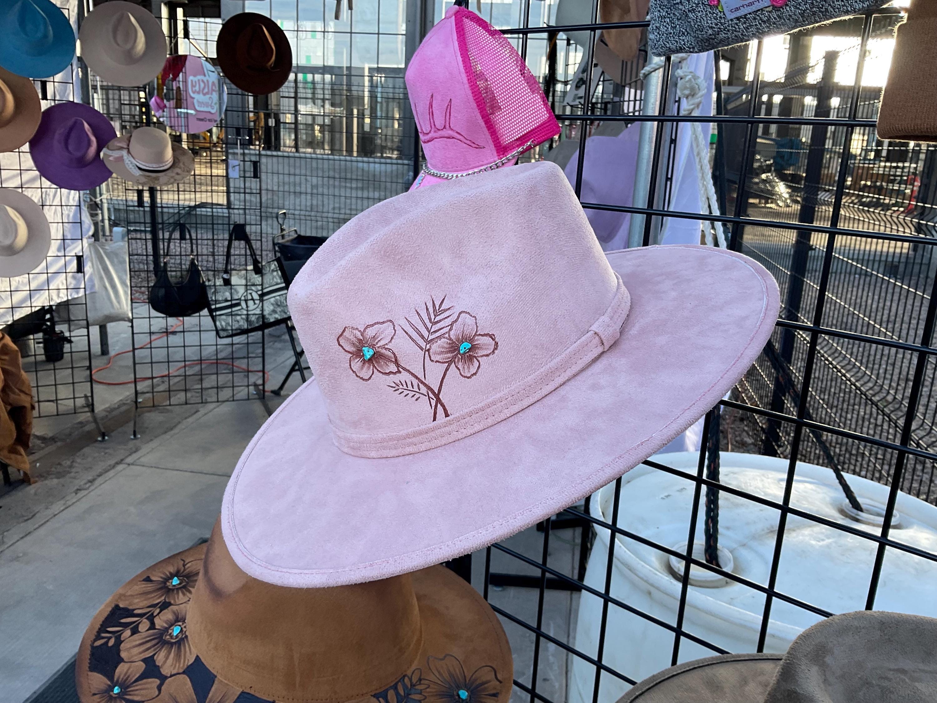 Hand Burned Pink Suede Fedora Hat With Floral and Turquoise 