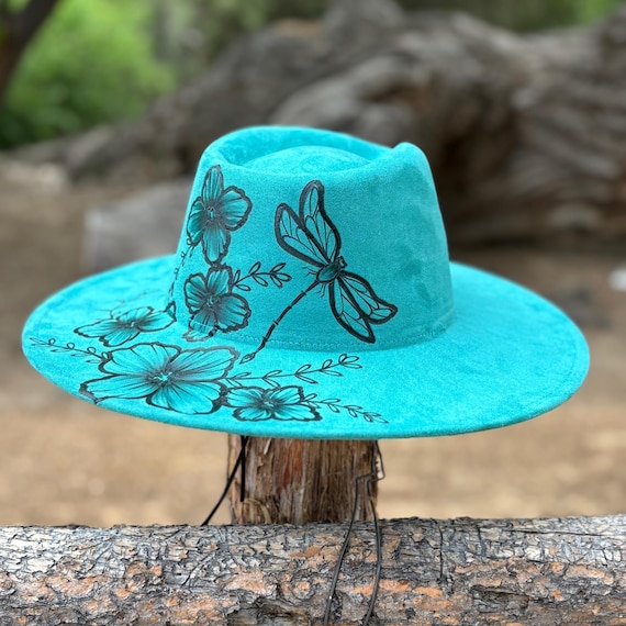 Turquoise Suede Fedora With Hand-burned Dragonfly & Floral  display picture 1