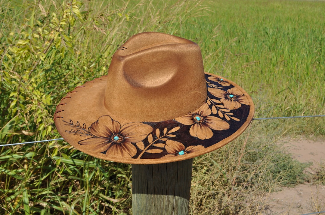 Hand burned wide brim Camel brown Fedora. Artisan Hand-burned Wide Brim Fedora Hat With Wildflower  main image 3