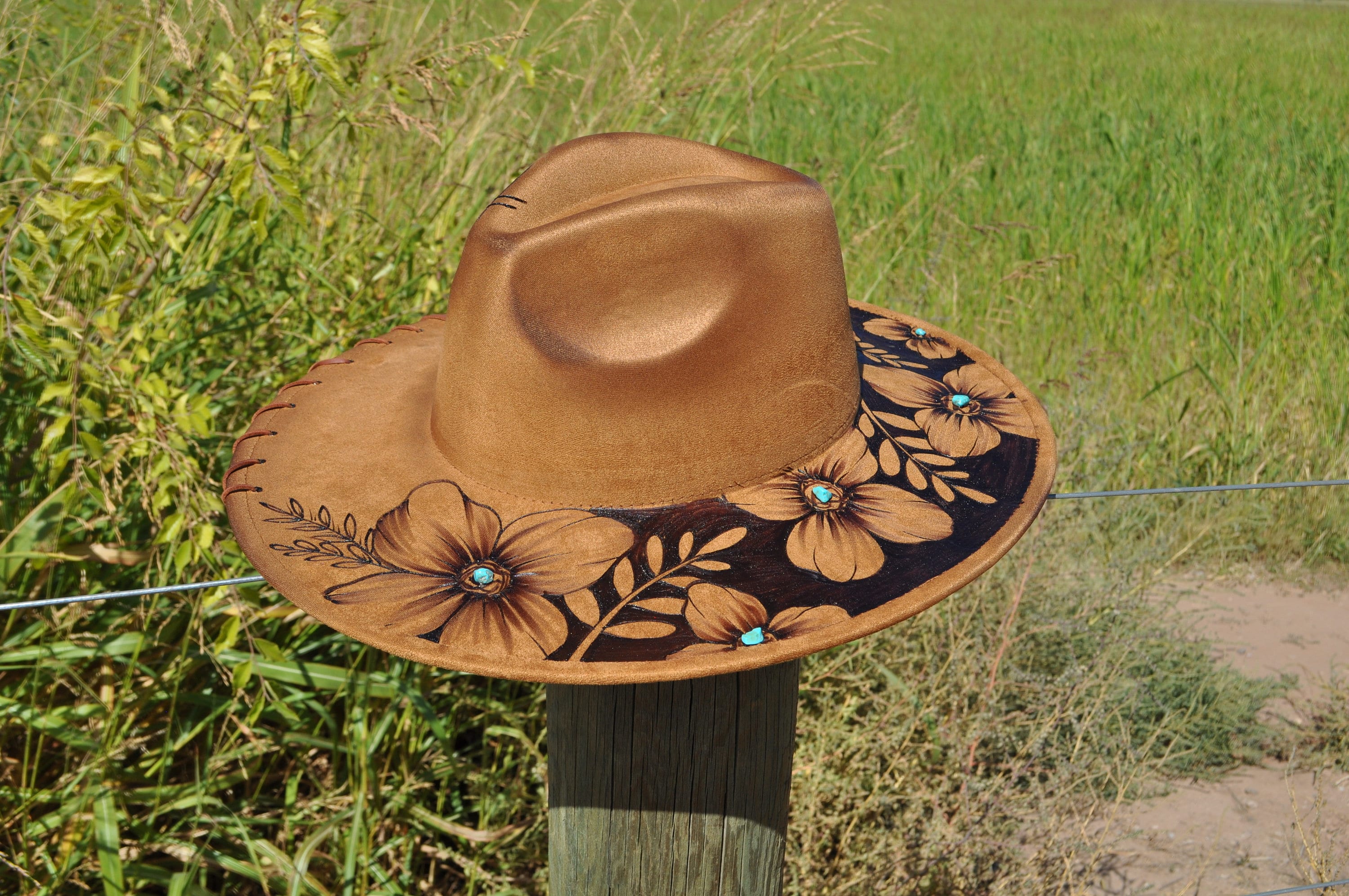 Olive Suede Wide-Brim Fedora Hat with Floral & Bee Artwork FLUFFY SENSE. Big Wide Brim Fedora Hat for Women - Nashville  main image 2