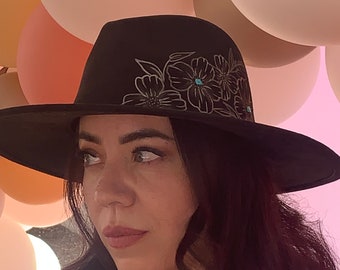Customizable Wide Brim Fedora Hat: Personalize with Hand Burn, Textures, Flowers, Feathers & Stones