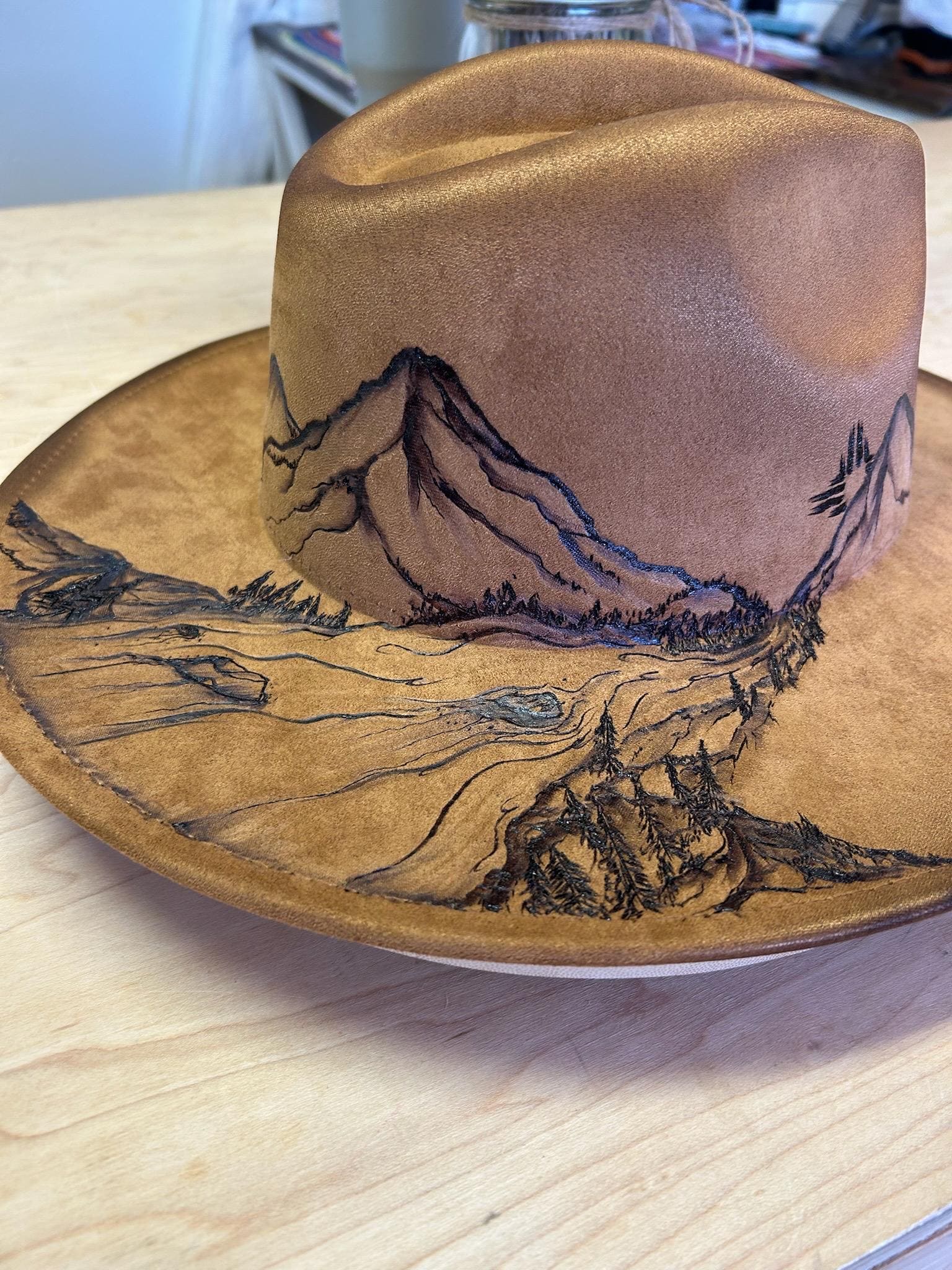 Hand-burned Mountain Landscape Hat – Custom Western Fedora  display picture 2