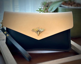 Soft leather envelope clutch with wristlet, medium zippered Bag, Purse