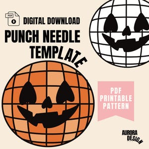 Puede incluir: Patrón imprimible PDF descargable digitalmente para una calabaza de aguja de punzón con una cara de jack-o'-lantern. La calabaza es naranja y blanca con un patrón de cuadrícula. El texto "DIGITAL DOWNLOAD PUNCH NEEDLE TEMPLATE PDF PRINTABLE PATTERN AURORA DESIGN" está incluido en la imagen.