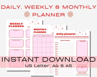 Planificador minimalista diario, semanal y mensual imprimible (A5/A4/Carta) (Descarga digital)