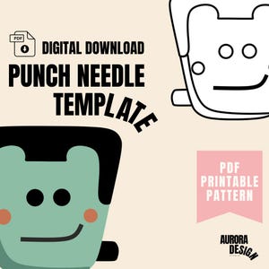 Puede incluir: Patrón de bordado con aguja de punzón imprimible en PDF para descargar digitalmente. El patrón presenta un monstruo verde con pelo negro y una cara amigable. El texto "Patrón imprimible en PDF" está en una pancarta rosa.
