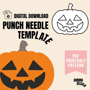 Puede incluir: Patrón de calabaza para punzón, imprimible en PDF, para descargar digitalmente. El patrón presenta un contorno negro de una calabaza con una cara sonriente y ojos triangulares. La imagen también muestra un ejemplo coloreado de la calabaza terminada.