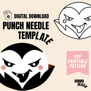 Puede incluir: Un patrón imprimible en PDF para descargar digitalmente para una plantilla de aguja de punzón de un lindo vampiro de dibujos animados con colmillos. El texto "PDF Printable Pattern" está en una pancarta rosa y el texto "Aurora Design Studio" está en una pancarta negra.