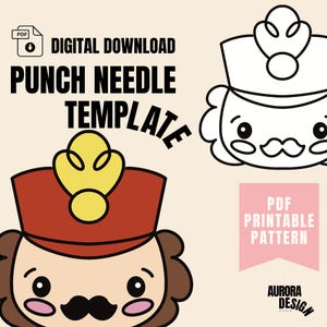 May include: A printable PDF pattern for a punch needle project featuring a cute cartoon nutcracker with a red hat and a yellow plume. The pattern includes a black and white outline version for coloring.