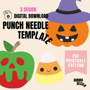 Puede incluir: Tres diseños de plantilla de aguja de punzón de Halloween: una manzana verde con veneno rojo goteando, una calabaza con un sombrero de bruja y un maíz dulce sonriente. El texto "3 DESIGN DIGITAL DOWNLOAD PUNCH NEEDLE TEMPLATE" está en la parte superior de la imagen. El texto "PDF PRINTABLE PATTERN" está en un rectángulo rosa en la parte inferior derecha de la imagen. El texto "AURORA DESIGN STUDIO" está en la parte inferior derecha de la imagen.