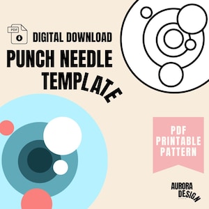 Puede incluir: Plantilla de punto de aguja de descarga digital con un diseño geométrico. La imagen presenta el texto "Descarga digital Plantilla de punto de aguja" en negrita negra. El diseño incluye círculos en tonos de azul, blanco y coral, y un diseño circular en blanco y negro.