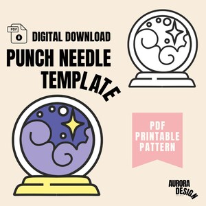 May include: A digital download PDF template for a punch needle project. The template features a black and white outline of a crystal ball with a star and clouds inside. The template is also shown in color with a purple crystal ball, a yellow star, and white clouds.