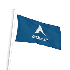 May include: A blue flag with the white text "archlinux" and a white stylized triangle logo. The flag is attached to a white flagpole and is waving in the wind. The background is white.