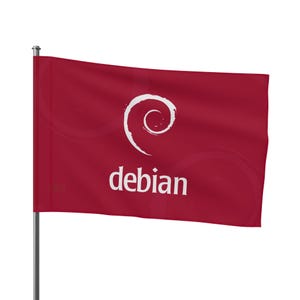 Peut inclure: Un drapeau rouge avec le mot "debian" en blanc. Le drapeau présente également un logo en spirale blanc. Le drapeau est fixé à un mât argenté et flotte légèrement.