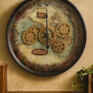 May include: A round wall clock with a black frame, featuring a vintage map design. The clock face includes gold-colored gears and hands, adding a steampunk aesthetic. The clock is mounted on a beige wall, suggesting home decor.