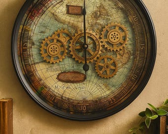 World Map Metal Gear Wall Clock: Large Vintage Retro Decor (60cm)