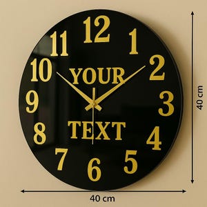 Personalized Glass Wall Clock 40x40 cm – Custom Gold Number Clock for Office, Home, or Gift – Modern 4mm Glass Wall Decor with Custom Text
