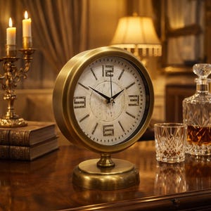 May include: A vintage-style brass desk clock with a white face and black hands. The clock has Roman numerals and sits on a round base. The clock is displayed on a wooden surface with a candlestick holder, books, and a decanter in the background.