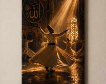 Sufi Whirling Dervish Tempered Glass Wall Art, Islamic Calligraphy Spiritual Print
