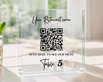 QR Code Menu Sign, Personalized Square Restaurant Table Number, QR Code Restaurant Bar Cafe Menu, Acrylic Plaque