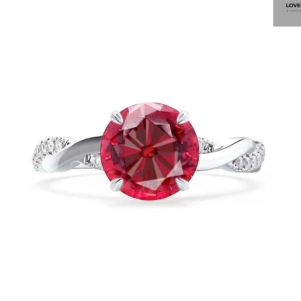 Round cut Lab ruby engagement ring, July birthstone round cut ring sterling silver solitaire engagement ring Twisted Band For Women's Gift.
