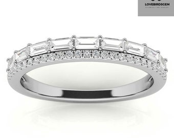 Round And Baguette Cut lab diamond engagement matching Band for women, Double Row Stackable anniversary band Half Eternity Promise Band.