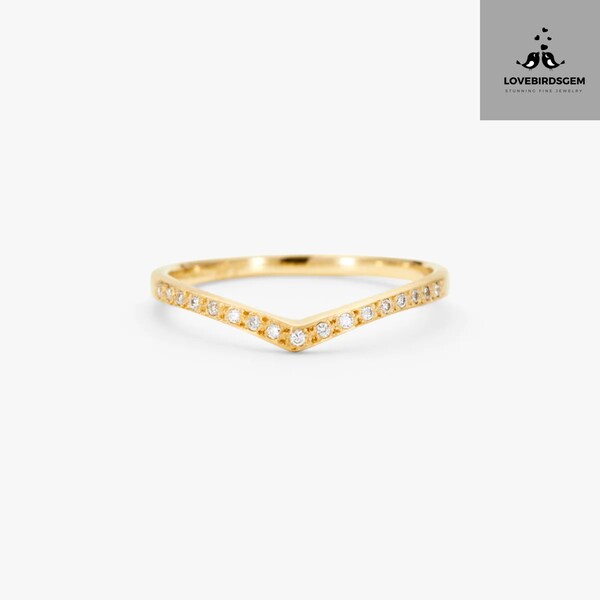 V Shape Round cut 14k Yellow gold Lab Grown Diamond wedding band rings, unique shape bridesmaid every day ring classic gift for woman's