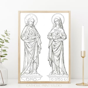 INSTANT DOWNLOAD Vintage Sketch of the Sacred Heart of Jesus & Immaculate Heart of Mary | PRINTABLE | | 5 Sizes | ID126 | Catholic Decor