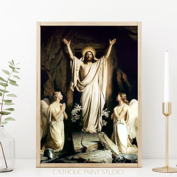 INSTANT DOWNLOAD Resurrection of Jesus Easter Decor | Jesus with Angels at the Tomb Painting | PRINTABLE | Catholic Art | 4 Sizes | ID160