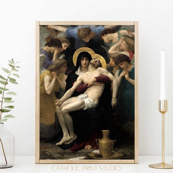 INSTANT DOWNLOAD Pieta Painting | PRINTABLE Lent Decor | Mary Holding Jesus Surrounded by Angels | Vintage Catholic Art | 3 Sizes | ID142