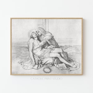 Vintage Pieta Sketch Art Print: Mary and Jesus (Digital Download)