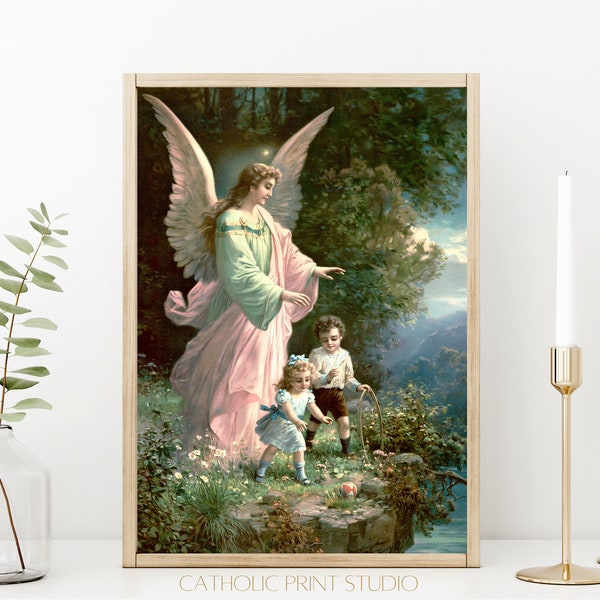 INSTANT DOWNLOAD Guardian Angel Painting | PRINTABLE | Catholic Children’s Decor and Gift | Catholic Prints Studio ID138