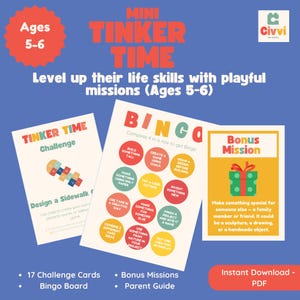 Könnte beinhalten: Ein blaues Lernspielset für Kinder im Alter von 5-6 Jahren, mit einem Bingo-Brett, Aufgabenkarten und Bonusmissionen. Das Set fördert das Bauen, Entwerfen und Erschaffen und fördert die Lebenskompetenzen. Der Text sagt "Mini Tinker Time".