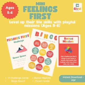 May include: A set of educational materials for children aged 5-6, featuring the text "MINI FEELINGS FIRST." The materials include challenge cards, a bingo board, and bonus missions designed to teach emotional skills. The design is colorful with a yellow background.