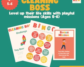 May include: A teal and orange educational game set titled "Mini Cleaning Boss" for ages 5-6. The set includes challenge cards, a bingo board, and bonus missions. The image features colorful illustrations and text promoting life skills.