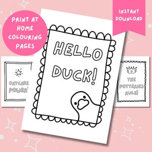 May include: Black and white printable coloring pages featuring three different designs. The first page says "Oatcake Power!" with a star. The second page says "Hello Duck!" with a duck. The third page says "The Potteries Rule!" with a crown.