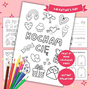 Kocham Cie Polish Valentine's Colouring Pages for Kids & Tweens Love You Valentine's Day Printable Activity and Gift For Poland PDF Download