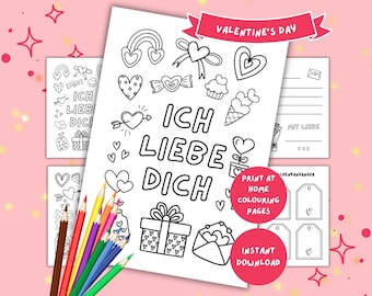 Ich Liebe Dich German Valentine's Colouring Pages for Kids & Tweens Gift | Valentine's Day German Printable Activity and Present | PDF File