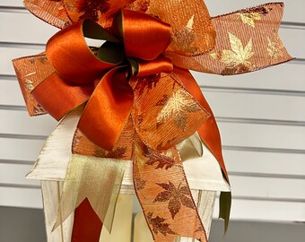 Fall wired ribbon bow in Metallic Shiny Copper Tone Leaves Gold Rust Moss Green