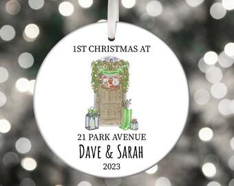 Personalised 1st Christmas At New Home Festive Door Ceramic Christmas Bauble