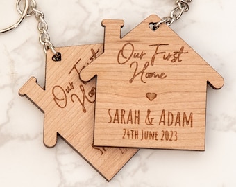 Personalised New Home Wooden Keyring Set: Matching House Keychains
