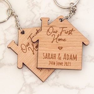 Personalised New Home Wooden Keyring Set: Matching House Keychains