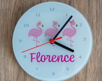 Personalised Flamingo 20cm Large Glass Clock 24 different text  colour options